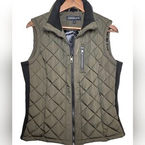 Andrew Marc Women's Quilted Puffer Vest Full Zip – Earthy Khaki Green – Size M